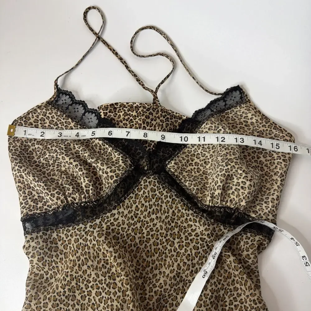 Vintage 80s Lingerie Slip Dress Womens M Leopard Print Lace Satin Coquette Fairy